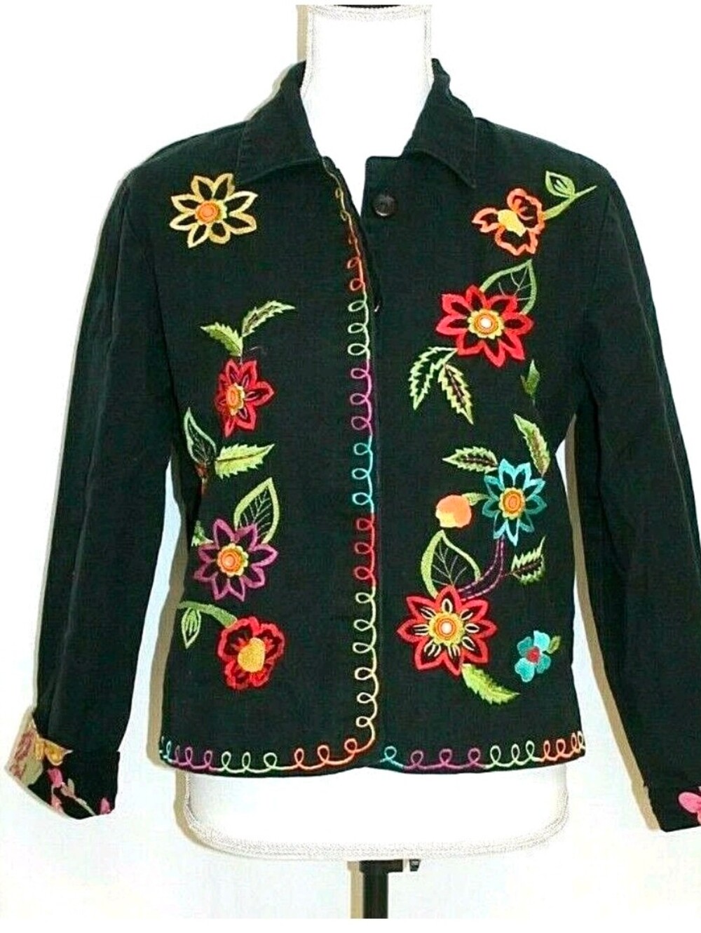 HEARTS OF PALM BLAZER, SIZE 10, BLACK EMBROIDERED, COLORFUL, BUTTON FRONT